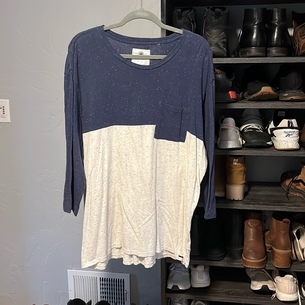 Blue and white 3/4 length sleeve shirt with pocket